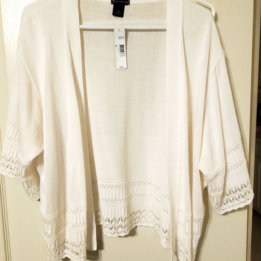 Plus Size 3X Three Quarter Sleeve White Shrug Sweater Classic Open Front NWT